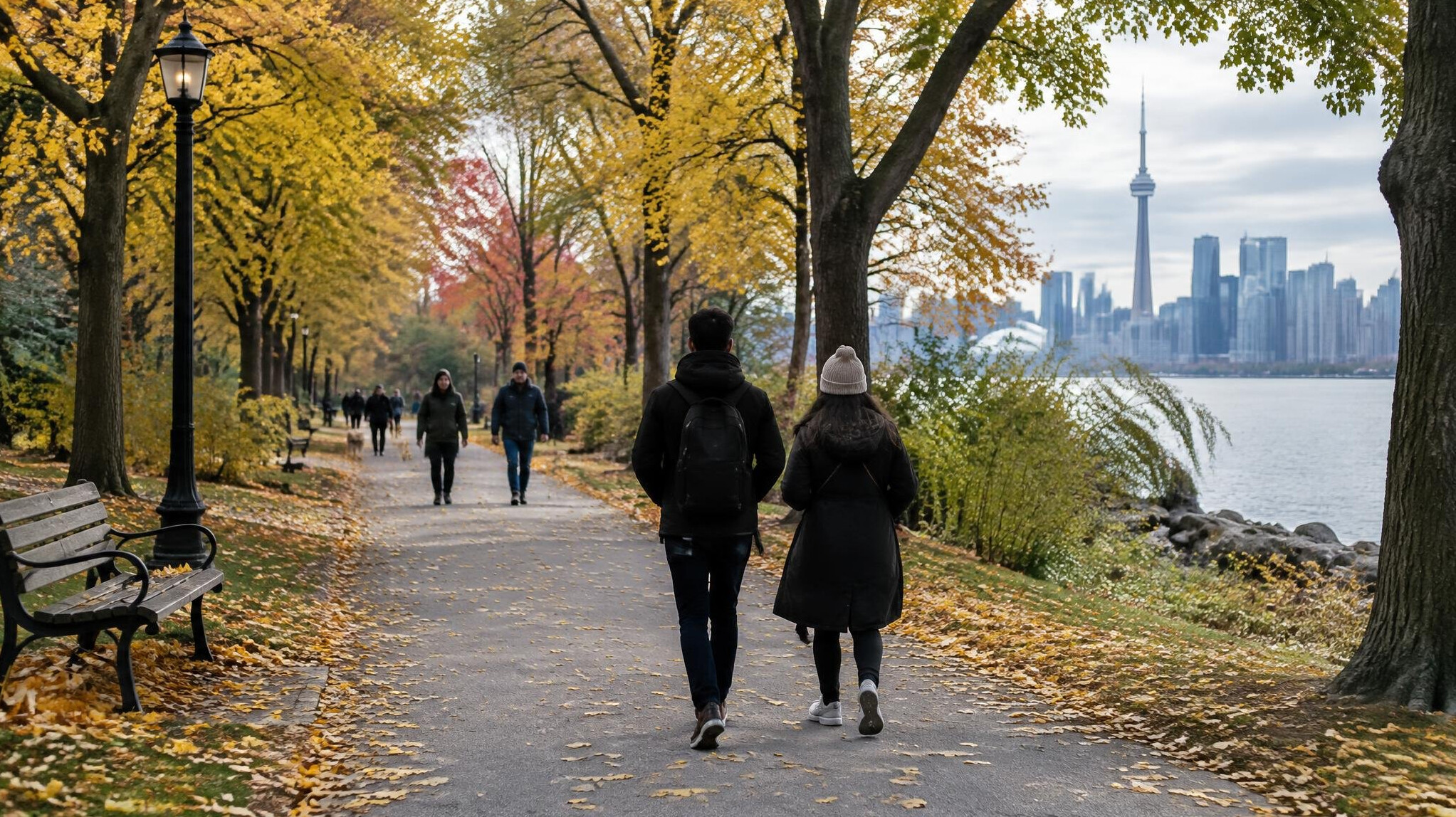 City park pathway with people walking under trees