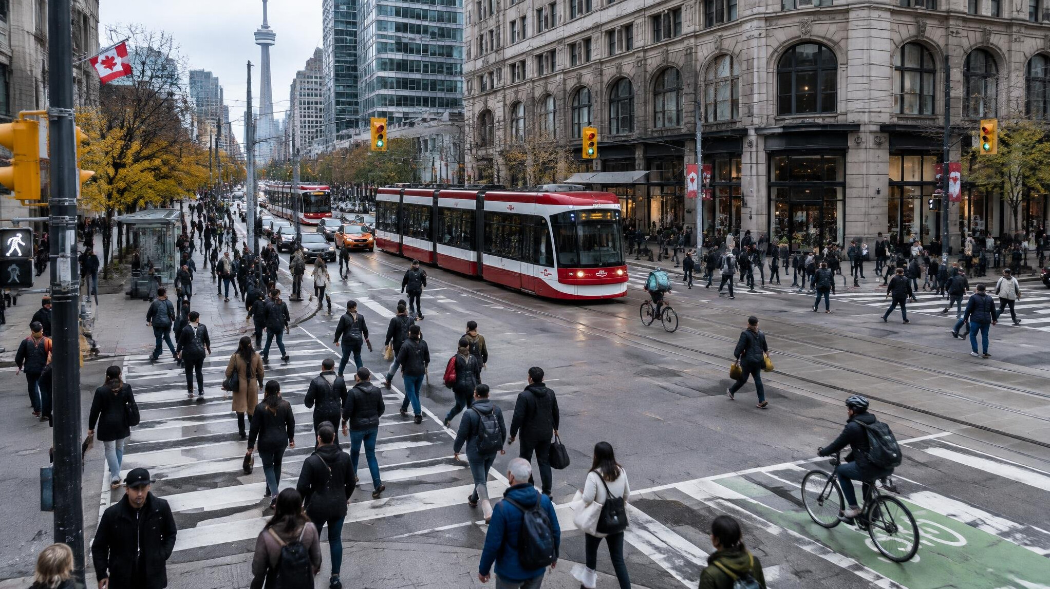 Wide view of a busy city intersection with traffic and pedestrians
