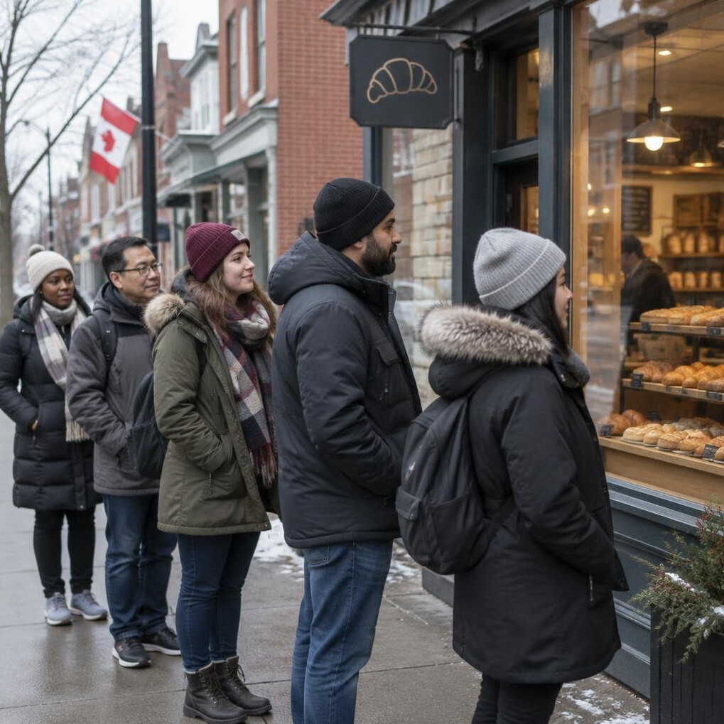 People waiting in line outside a bakery