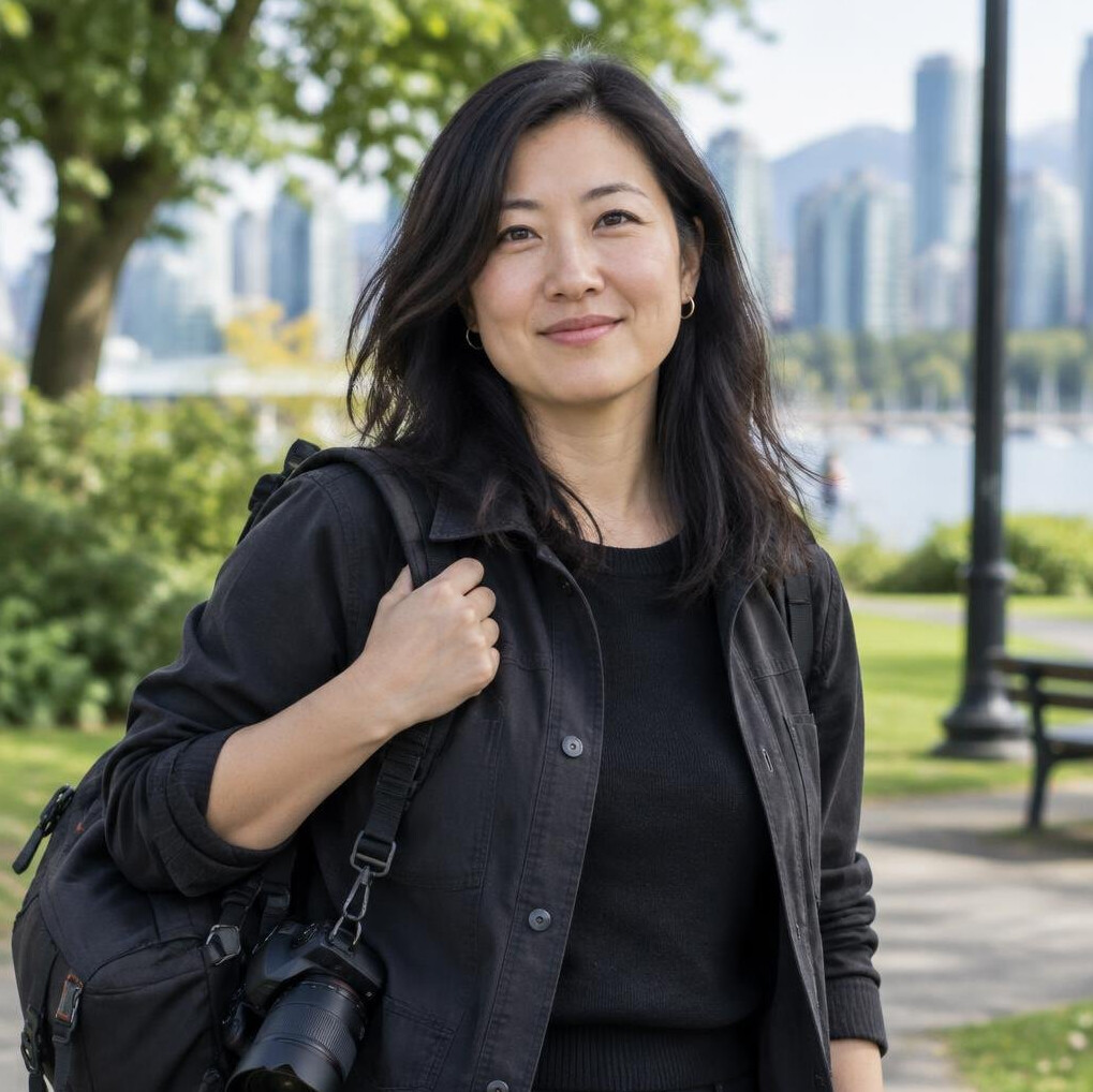 Portrait of a documentary photographer with a camera bag