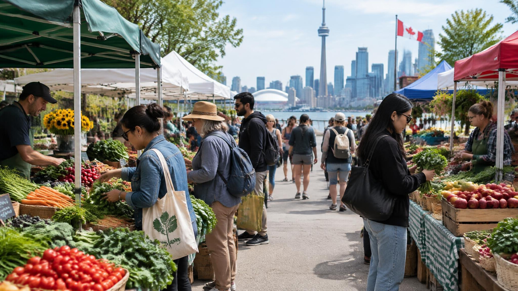 Outdoor farmers market with stalls and shoppers