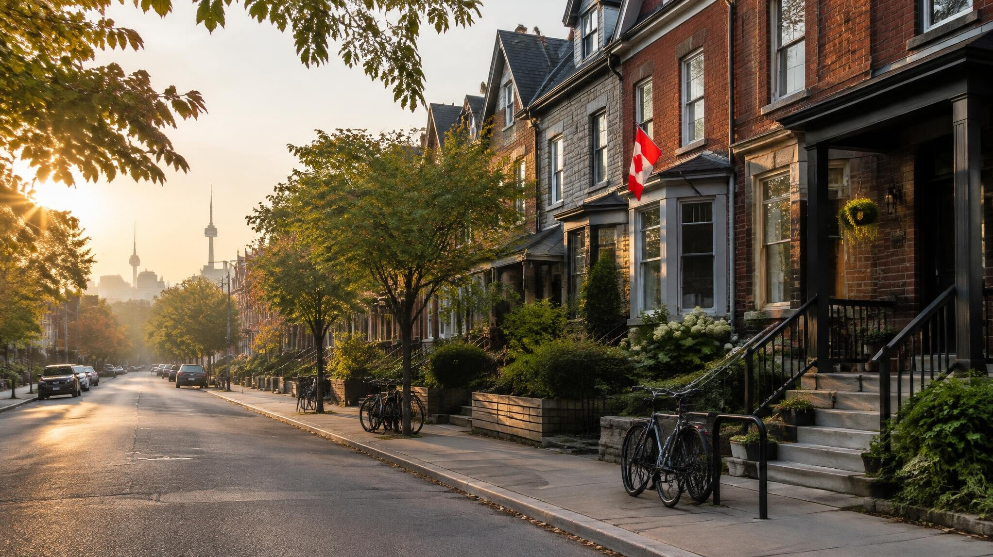 Quiet residential street lined with row houses in early morning light