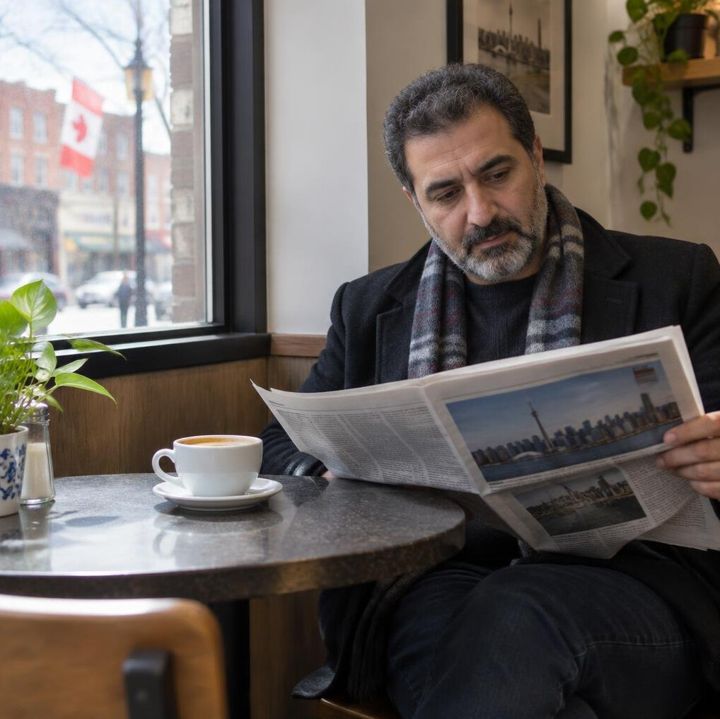 Man reading a newspaper at a corner cafe table