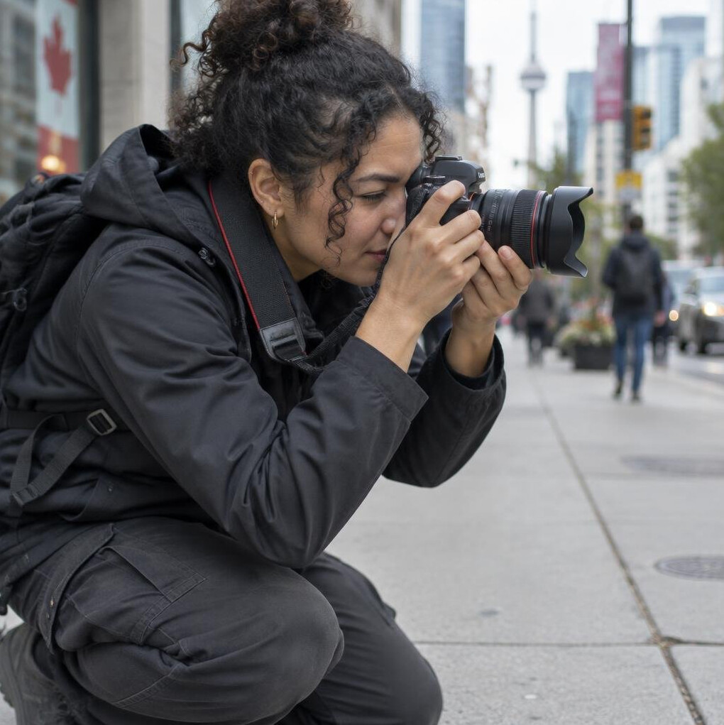 Photographer crouched taking a photo on a city sidewalk