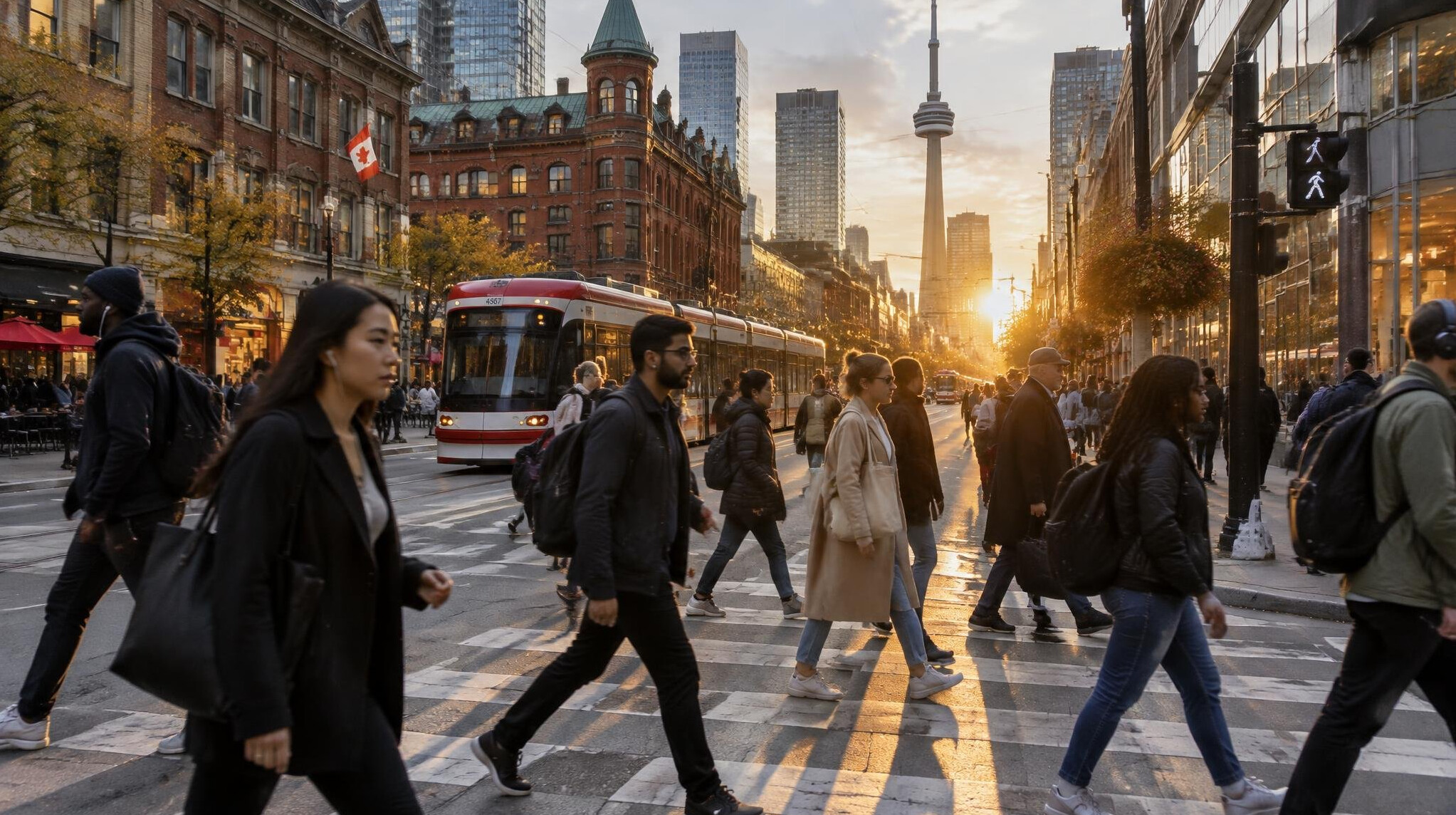 Busy Canadian city street with pedestrians crossing at dusk